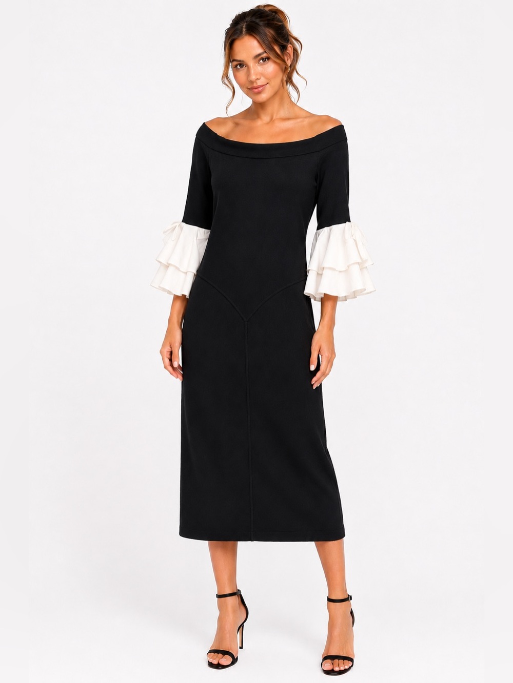 NWT New York &‎ Co Size Large Off-Shoulder Black Midi Dress  Ruffle Sleeve